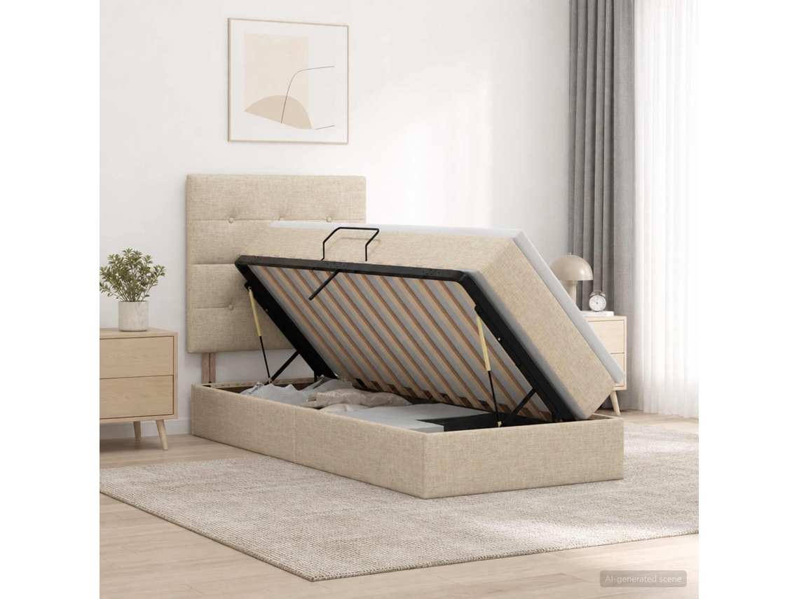 Vidaxl Cama Com Arrumação E Colchão Creme 90 X 200 Cm Tecido