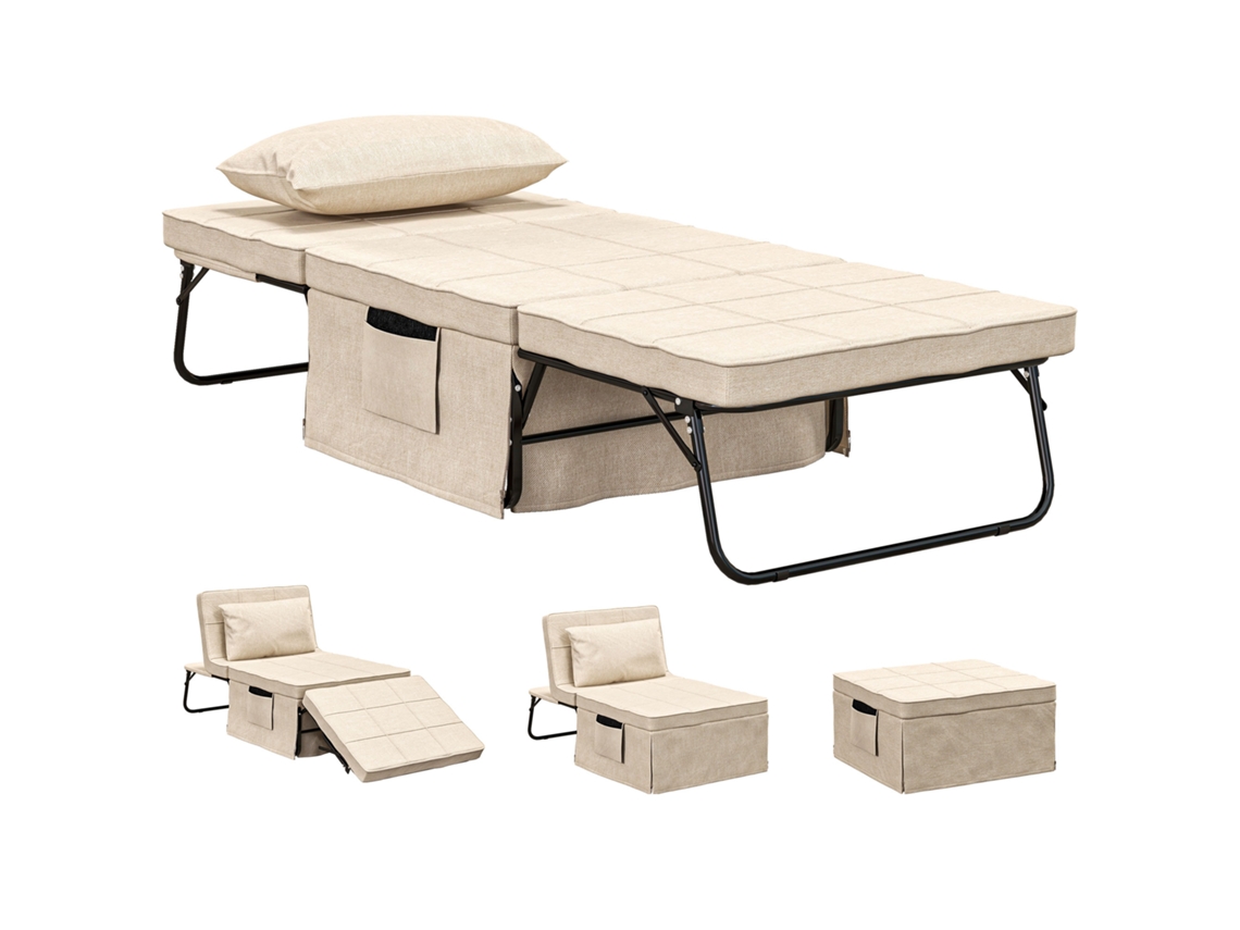 Sofá cama Estofado em Linho com Travesseiro Acolchoado Ajustável de 5 Andares 75x80x74 Cm Creme pt