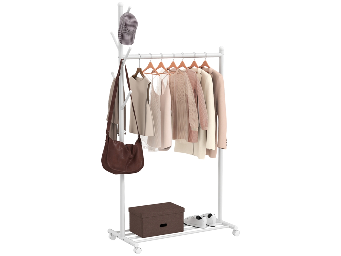 Roupa Burro com Rodas 5 Ganchos Barra de Pendurar e Prateleira Inferior para Entrada do Corredor 86x43x171 Cm Branco Ge