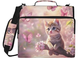 Bolsa Organizadora Gatinho Flor De Cerejeira, Impermeável, Com Fecho De 3 Anéis E Compartimento Laptop
