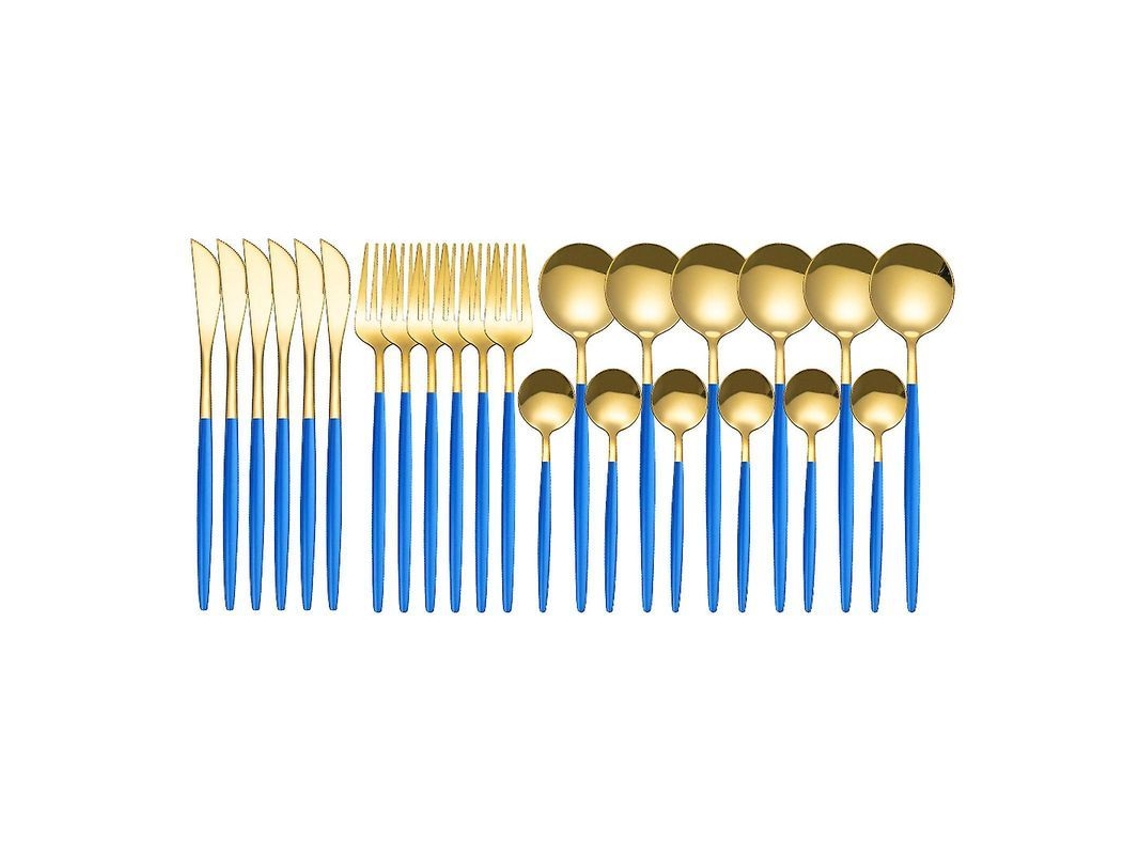 Conjunto De Pratos De Aço Inoxidável 24 Peças - Estilo Fashion, Anti-roxo, Ideal Para Casa, Festas E Restaurantes Ouro Azul