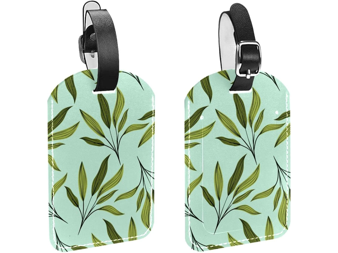 Conjunto De 2 Etiquetas Bagagem Viagem Com Estampa Folhas Verdes, Em Material Natural, Bolsas, Malas E Mochilas