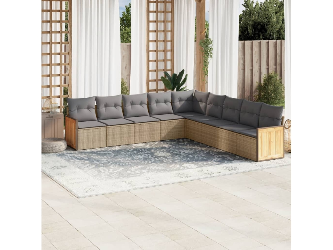 Vidaxl 9 Pcs Conjunto De Sofás P/ Jardim Com Almofadões Vime Pe Bege
