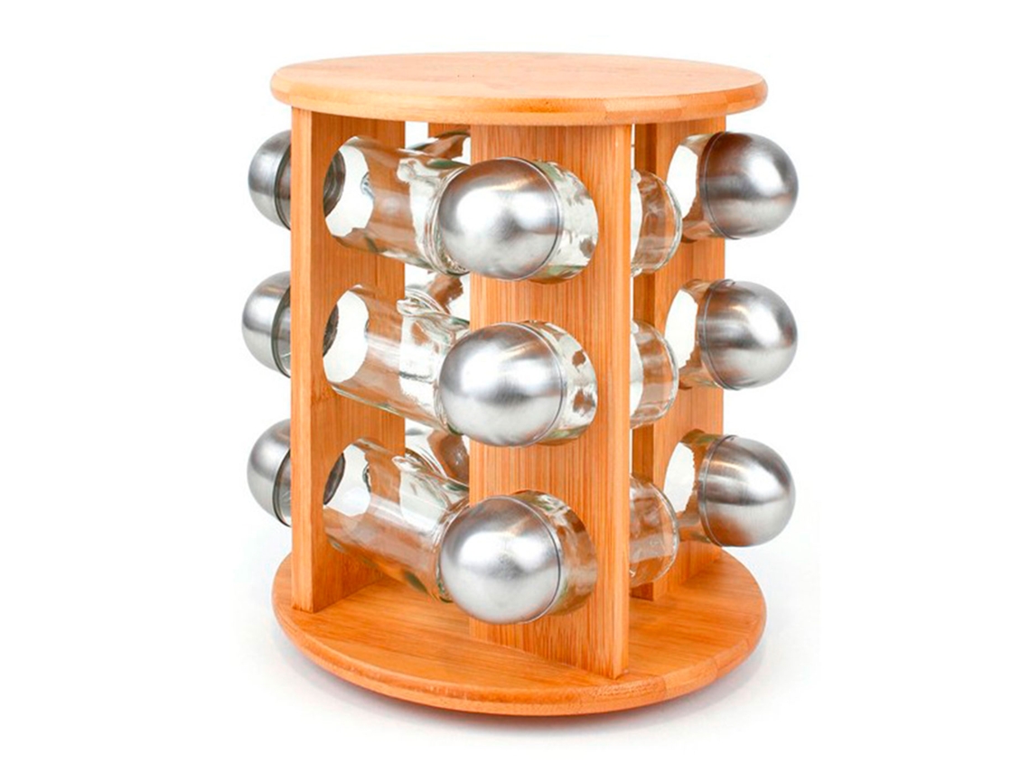 Conjunto De 12 Prateleiras Para Temperos Com Suporte De Bambu 24 X 19 Cm, Organizador De Temperos Em Madeira Com 12 Potes De Vidro E Aço Inox, Acan