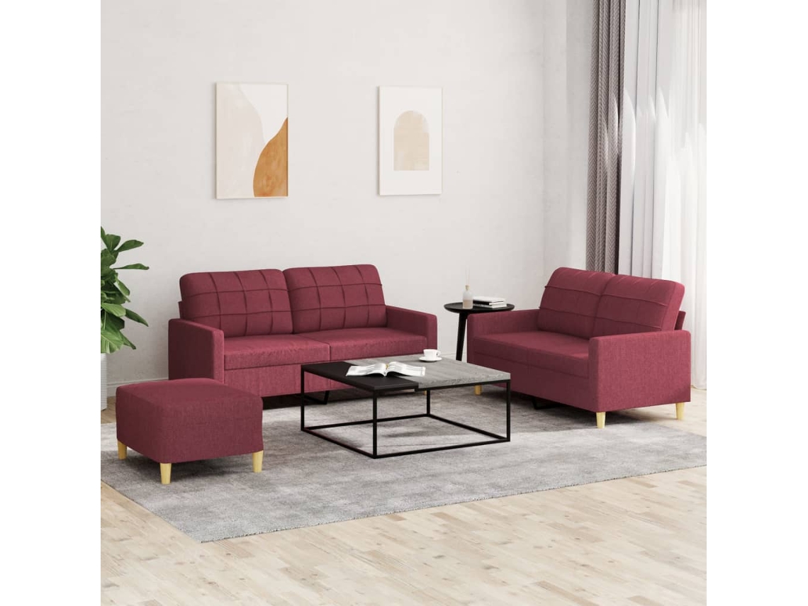Vidaxl 3 Pcs Conjunto De Sofás Com Almofadões Tecido Vermelho Tinto