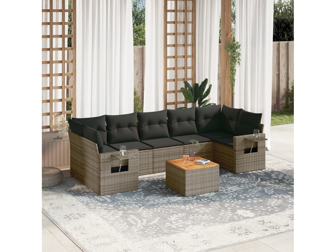 Vidaxl 8 Pcs Conjunto Sofás De Jardim C/ Almofadões Vime Pe Cinzento