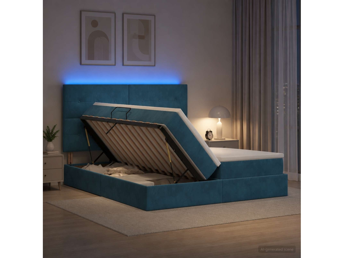 Vidaxl Cama De Armazenamento Led Com Colchão Azul Escuro 180 X 200 Cm