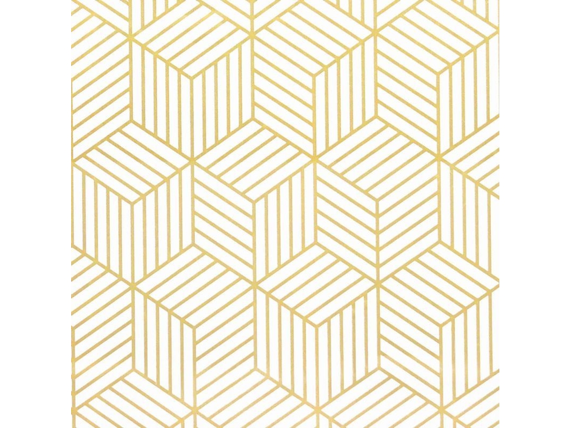 Papel de Parede Autoadesivo Listras Hexagonais Dourado Branco 45x500cm Nova Line