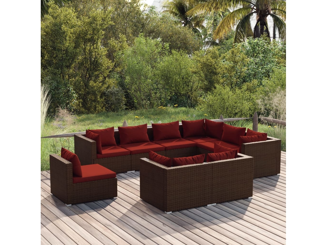Vidaxl 9 Pcs Conjunto Lounge De Jardim C/ Almofadões Vime Pe Castanho