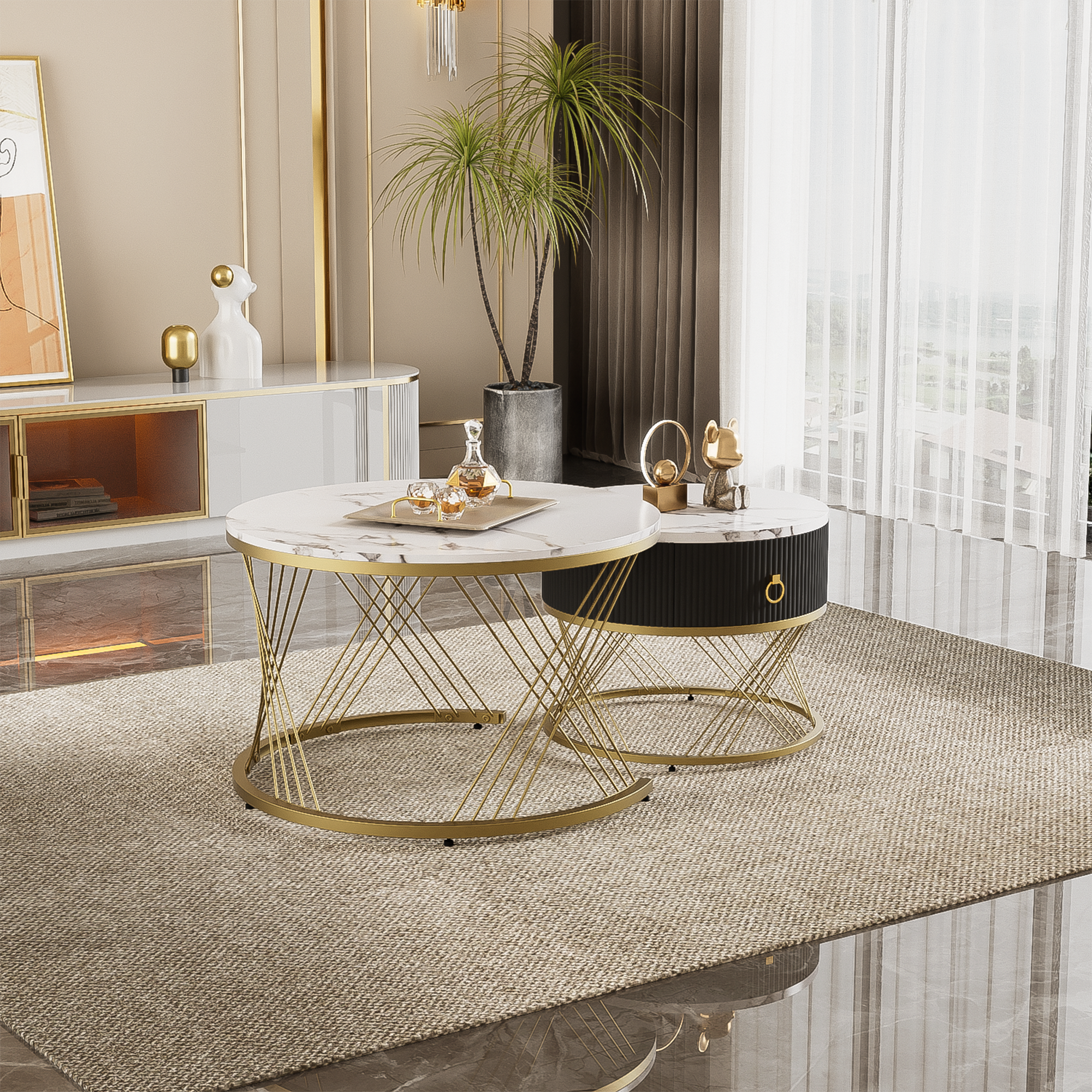 Mesa De Centro Compostável Elegante: Efeito Mármore, Decoração Dourada, Mesa Lateral Com Gavetas - Conjunto De 2-hw