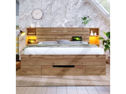 Cama Casal 160x200cm Maciça, Led, Usb c, Gavetas, Nichos, Estrado, 272kg, Sem Colchão, Carvalho KOMHTOM
