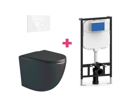 Conjunto de vaso sanitário suspenso em cerâmica preta fosca Genova com cisterna redonda branca e botão de descarga Aquore