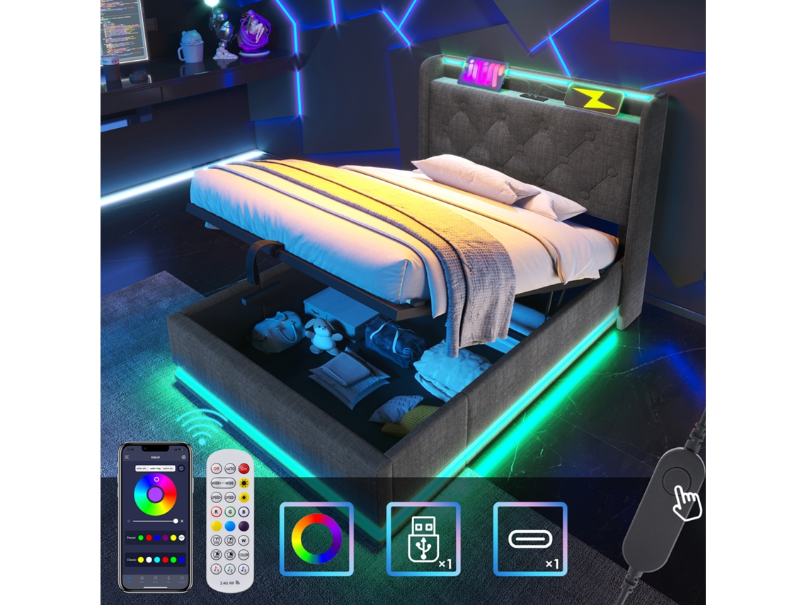 Camas ROLIPO Cama de Solteiro Estofada com Baú e Led 90x200 Cm Cinza