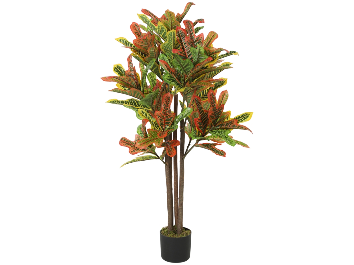Planta De Cm Croton Artificial Multicolorida Em Peva E Madeira, Com Pp E Vaso De Cimento. 55x55x120