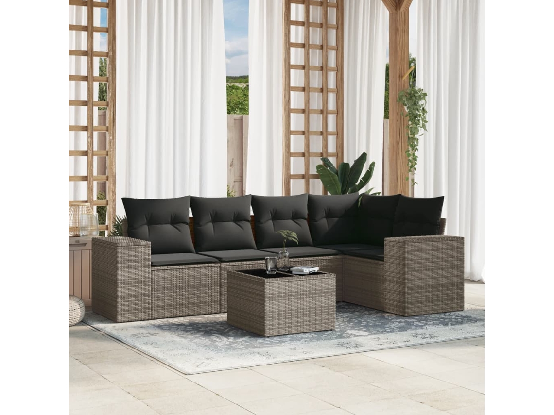 Vidaxl 6 Pcs Conjunto Sofás De Jardim Com Almofadões Vime Cinzento