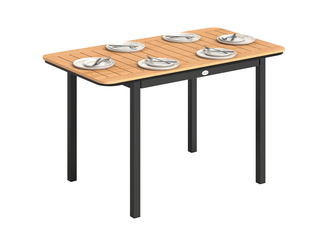Mesa de jardim retangular para 6 pessoas, 127x70cm, madeira composta, estrutura metálica, marrom BTFORUS