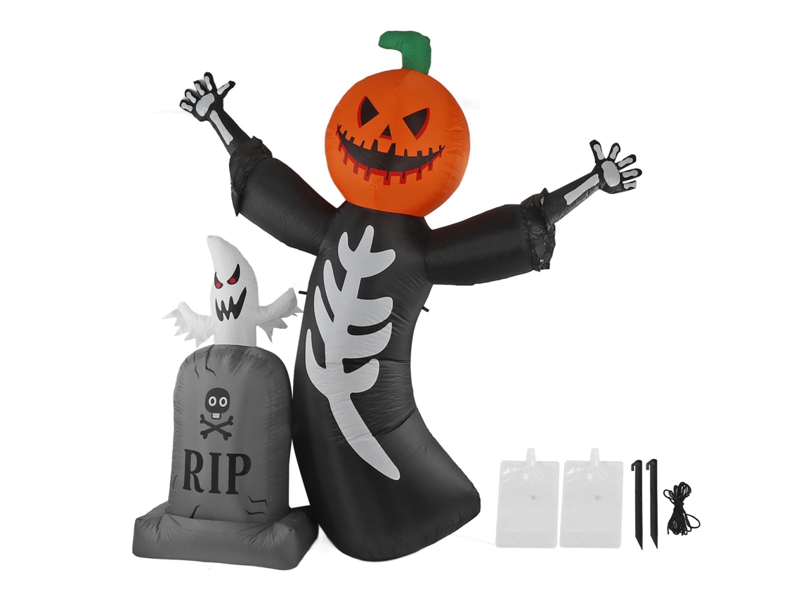 Decoração Inflável de Halloween Cabeça de Abóbora com Lápide e Luz LED IP44