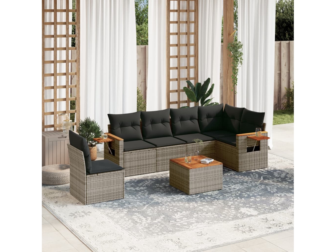 Vidaxl 7 Pcs Conjunto Sofás P/ Jardim C/ Almofadões Vime Pe Cinzento