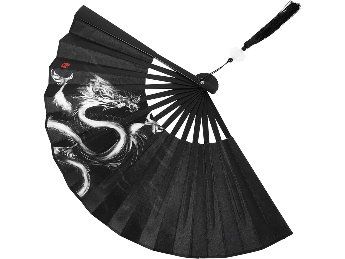 Leque Dobrável Preto Portátil Estilo Tradicional Chinês Feito Plástico Materiais Resistentes Acabamento GOKOCO