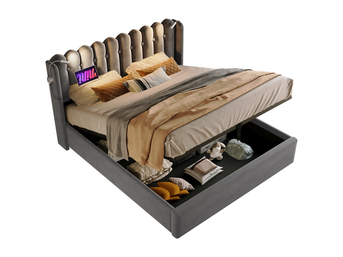 Cama de Casal Estofada com Luz de Leitura e Carregamento, cabeceira com Espaço de Armazenamento, veludo Cinza 160x200 PAPRIKA