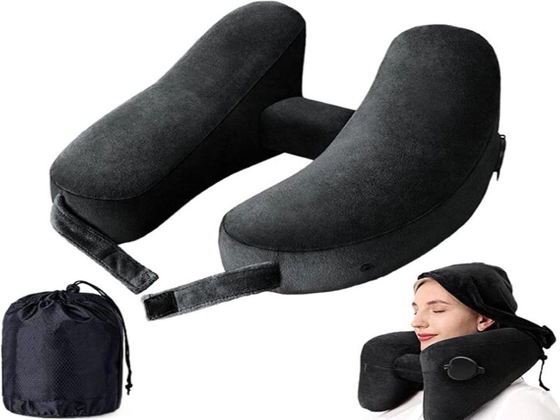 Lurelia Almofada Viagem, Ergonómica, Pvc, Removível, Insuflável, Capuz, Máscara Olhos, Preto