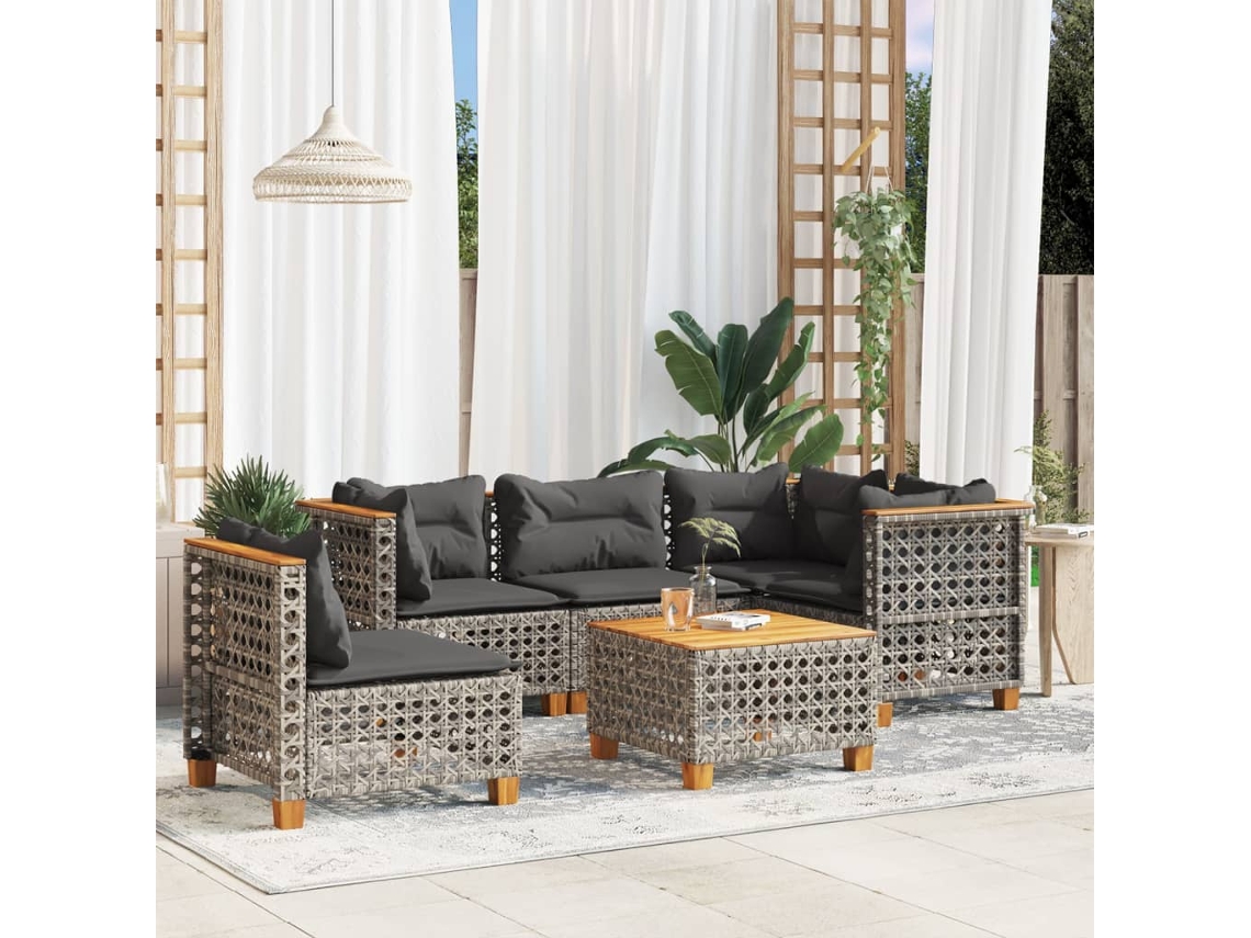 Vidaxl 6 Pcs Conjunto Sofás De Jardim Com Almofadões Vime Cinzento