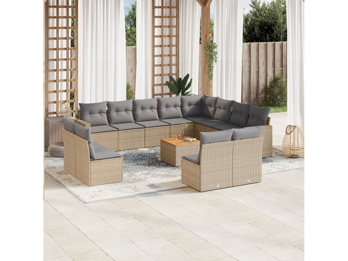Vidaxl 13 Pcs Conjunto De Sofás P/ Jardim Com Almofadões Vime Pe Bege