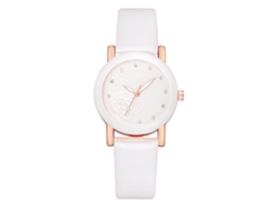 Relógio de Pulso Feminino de Quartzo com Strass e Padrão Floral Pulseira de Couro Pu Casual Redondo Branco