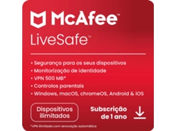 Software MCAFEE Livesafe (1 ano - PC, MacBook, Smartphone e Tablet - Formato Digital)