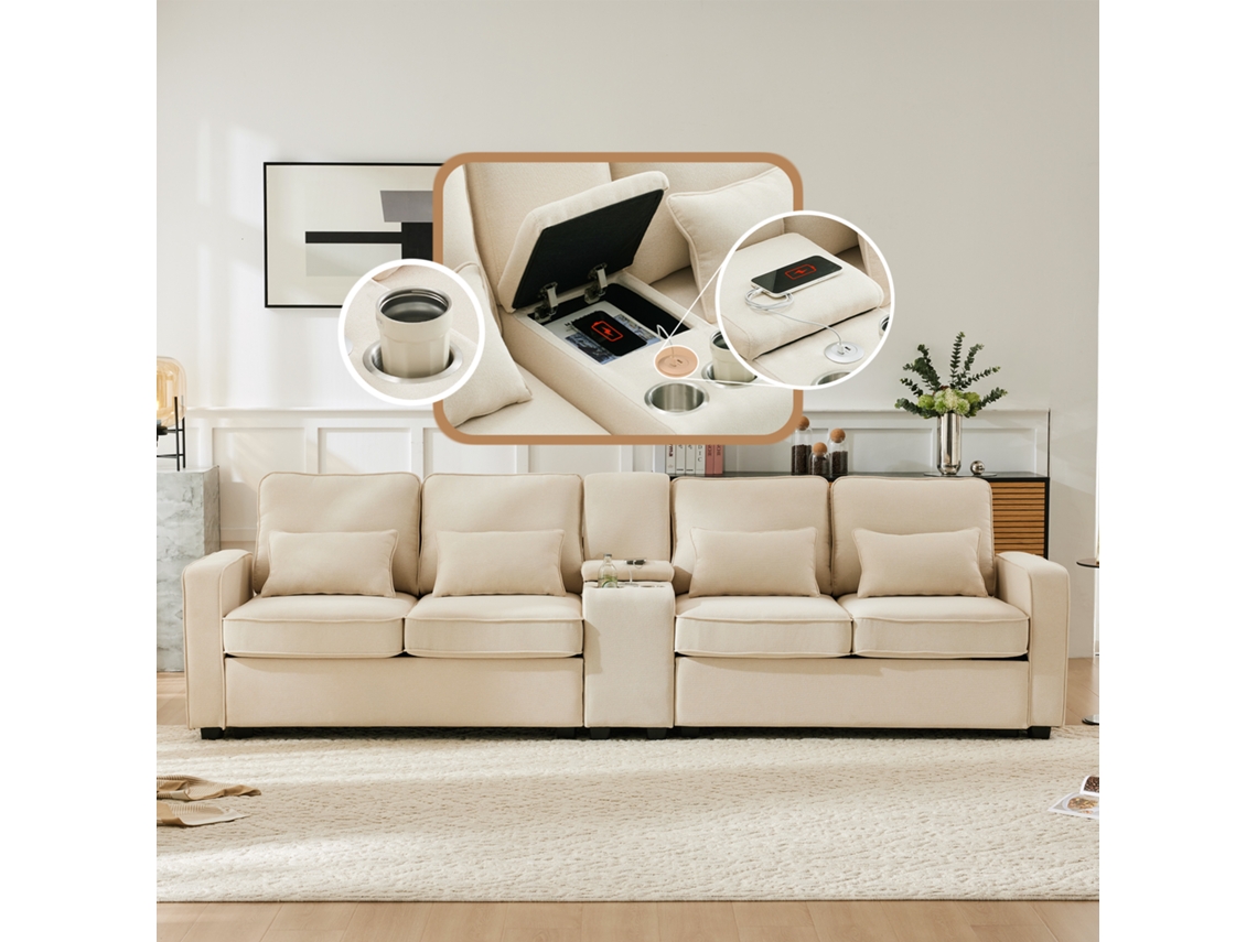 Sofá 4l Linho, Console, 2 Porta-copos, 2 Usb, 4 Almofadas.-kd