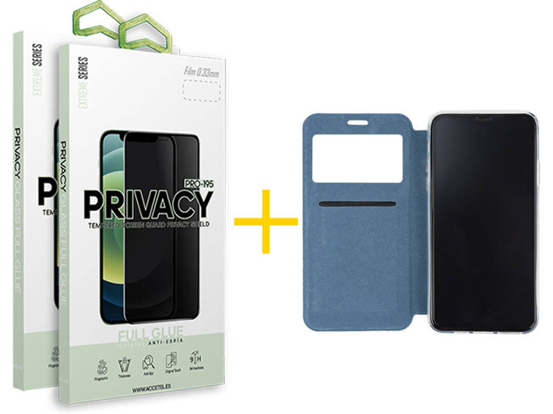 Capa + 2 Películas de Vidro Anti-Spy iPhone 13 Pro Max SKYHE Gandy Flip Cover Azul