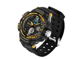 Relógio eletrônico multifuncional à prova d'água Snada com visor duplo (preto e dourado, masculino)