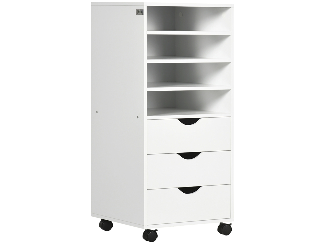 Cômoda De Wood Escritório Com 4 Rodas, Prateleiras, 3 Gavetas. White