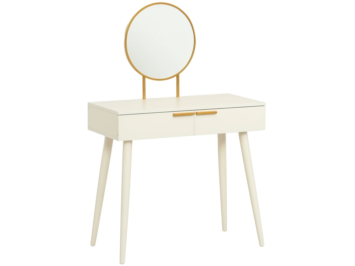 Toucador Com Espelho Redondo Mesa De Maquilhagem Com 2 Gavetas Estilo Moderno Para Dormitório 80x40x123cm Branco