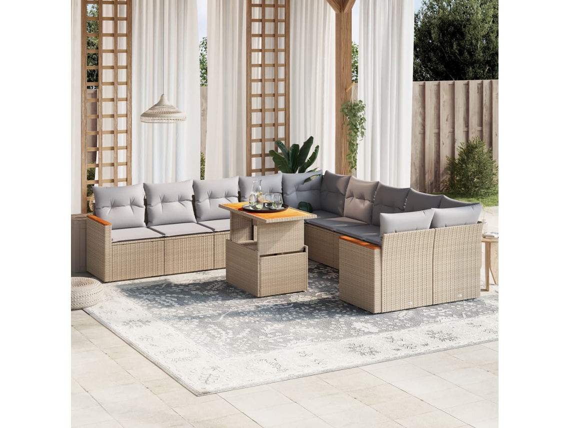 Vidaxl 11 Pcs Conjunto Sofás De Jardim C/ Almofadões Vime Pe Bege