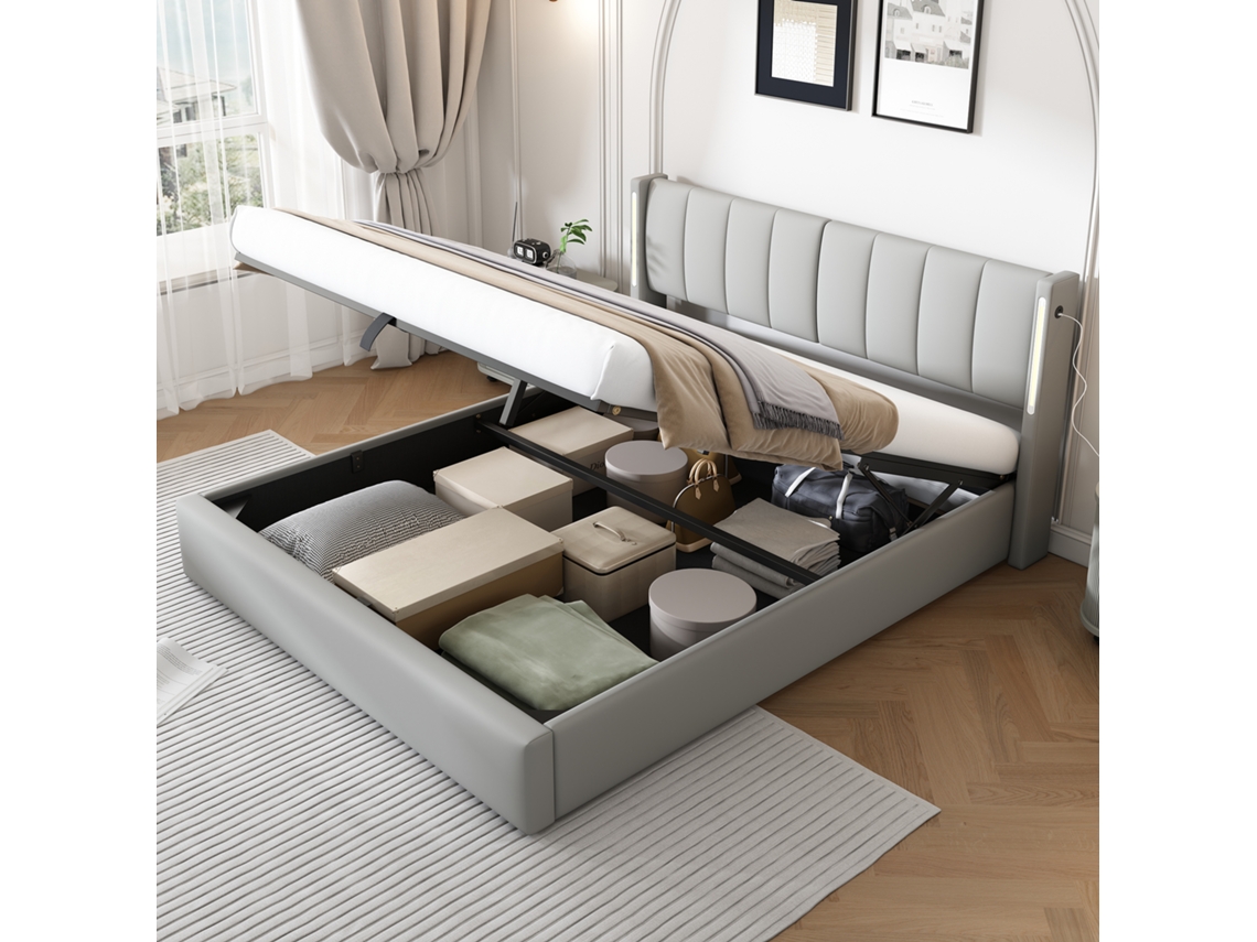 Cama Poltrona Led 160x200cm Hidráulica Usb Armazenamento Cabeceira Ajustável Cinza