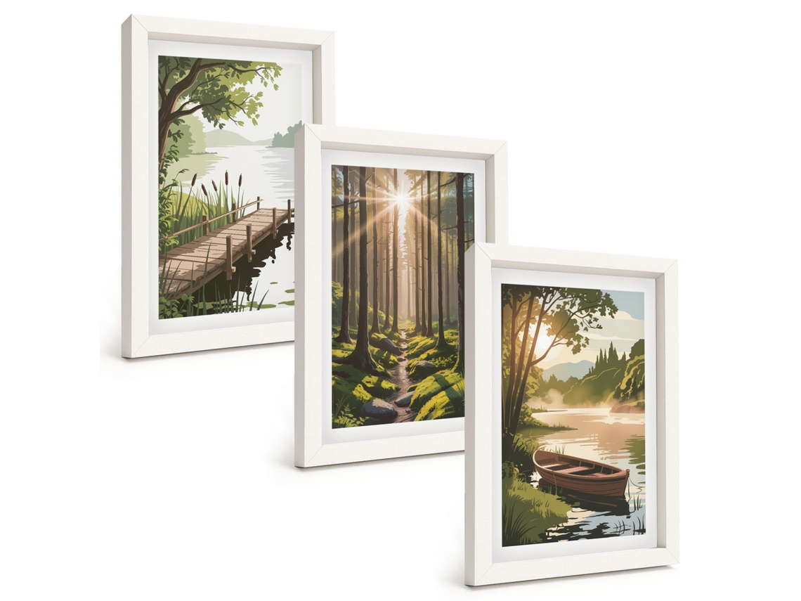 Quadros Decorativos Para Parede Paisagem, Floresta, Lago, Barco Moldura Branca Pinturas De Quarto Espelharte (3 Peças 20x30 Cm)