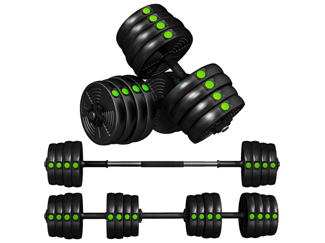 2 - Em - 1 Hantel - Conjunto. Lang-Kurzhantel. 30kg. Rutschfest. Bodenschonend. Preto/Verde