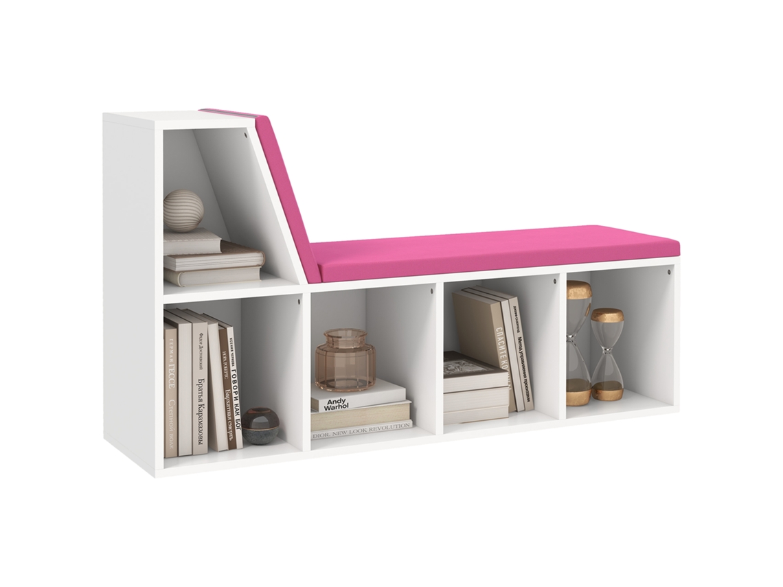 Banc De Arrumação Com 5 Compartimentos E 2 Almofadas, Dimensões 108 X 30 X 60 Cm, Branco E Rosa