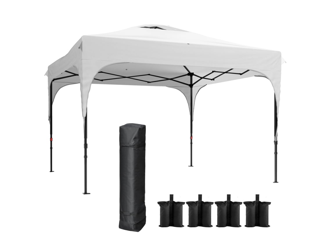 Tenda Dobrável com Altura Ajustável 1 Parede Lateral Teto com Ventilação 4 Sacos de Areia e Bolsa de Transporte 3x3 M Branco ORBITRA COMMERCE