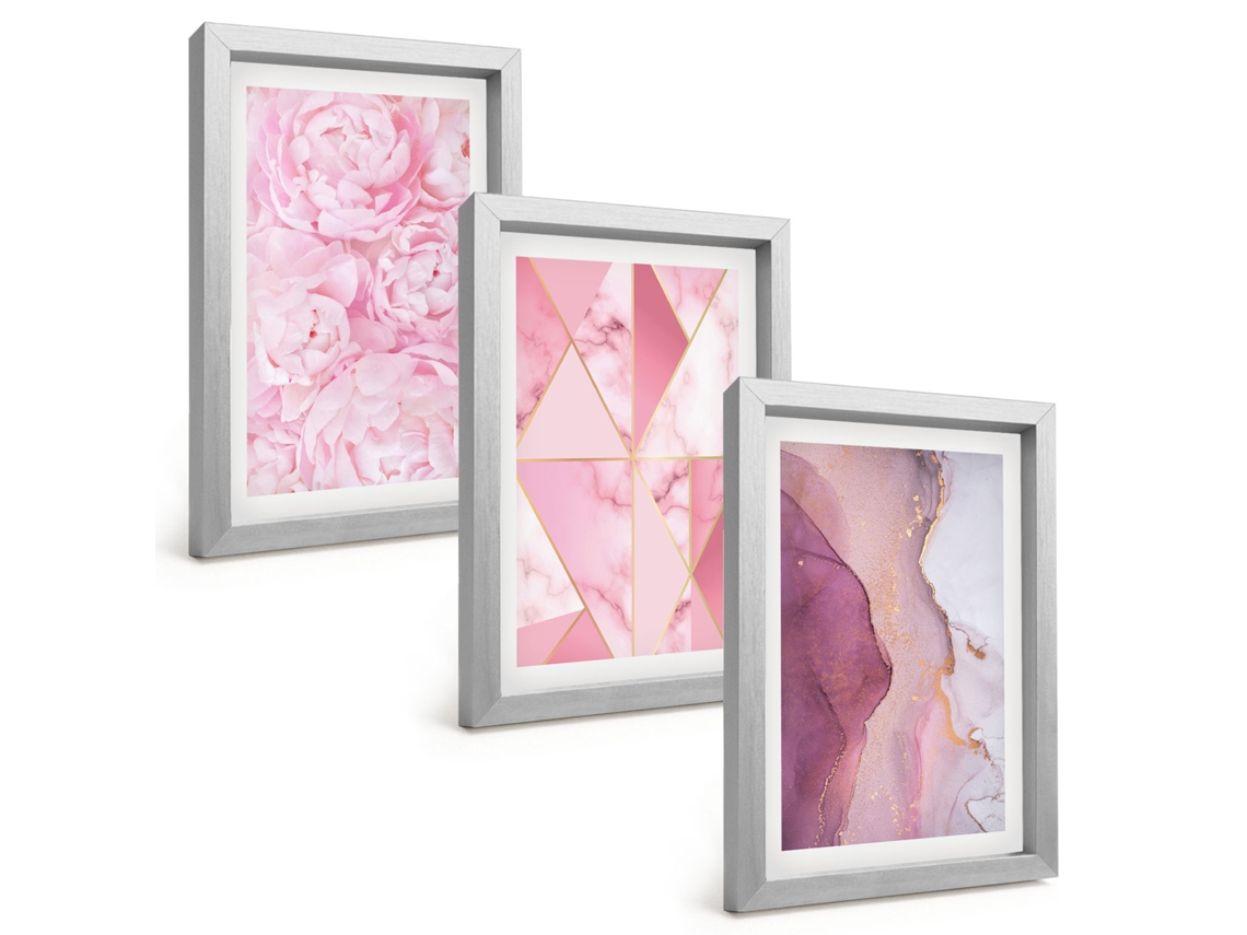 Composição De Quadros Na Paredepeônias Rosa, Geométrico Moldura Prateada Quadros Para A Sala De Estar Espelharte (3 Peças 20x30 Cm)