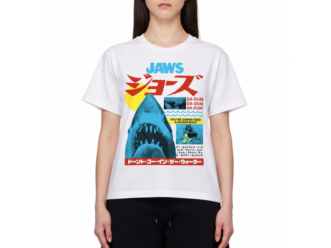 Rockinstone Jaws Movie Japanese Text White Adult T-shirt Size:xl