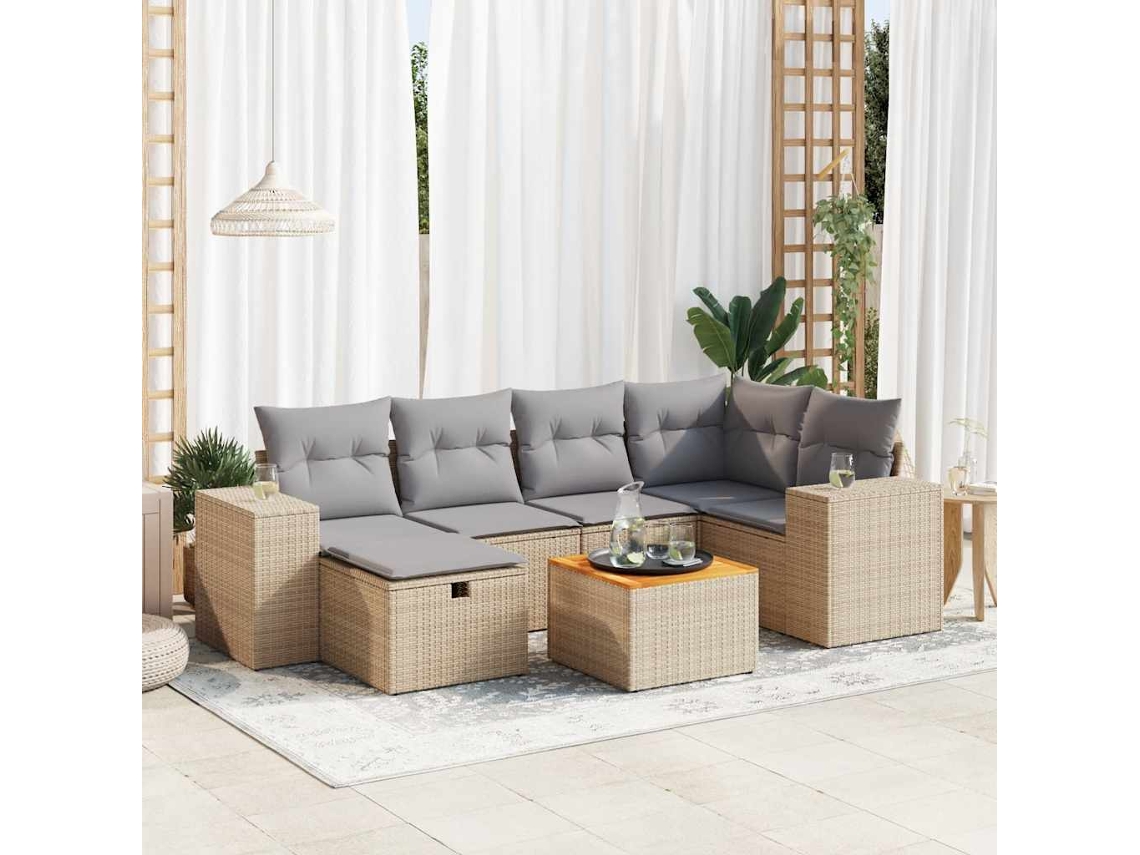 Vidaxl 7 Pcs Conjunto De Sofás P/ Jardim Com Almofadões Vime Pe Bege