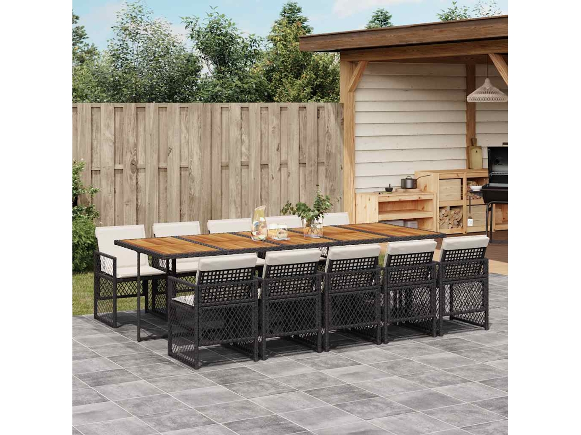 Vidaxl 11 Pcs Conjunto De Jantar P/ Jardim C/ Almofadões Vime Pe Preto