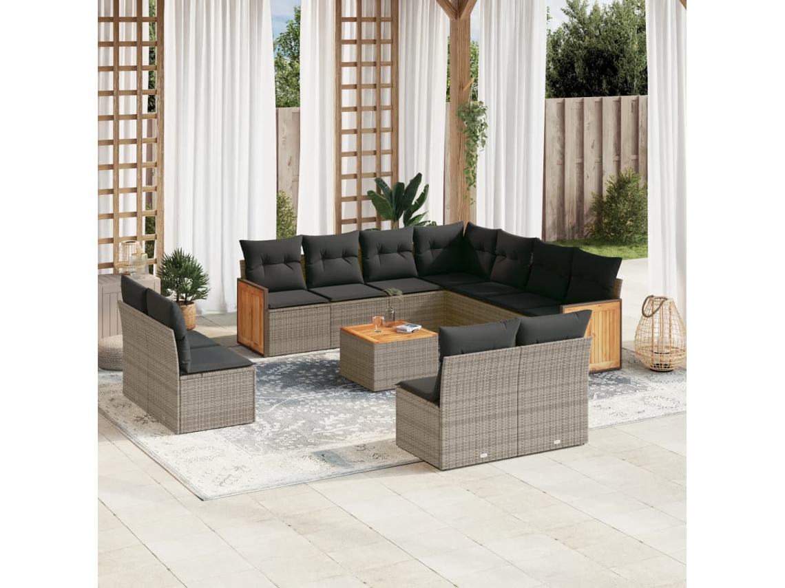 12 Pcs Conjunto De Sofá Jardim C/ Almofadões Vime Pe Cinza Dkd Home Decor