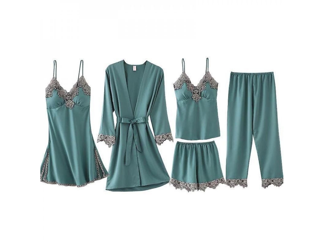 2026-conjunto De 5 Peças De Pijama De Seda Europeia Sexy Para Mulher Roupa Noturna Lingerie Dkp L Verde