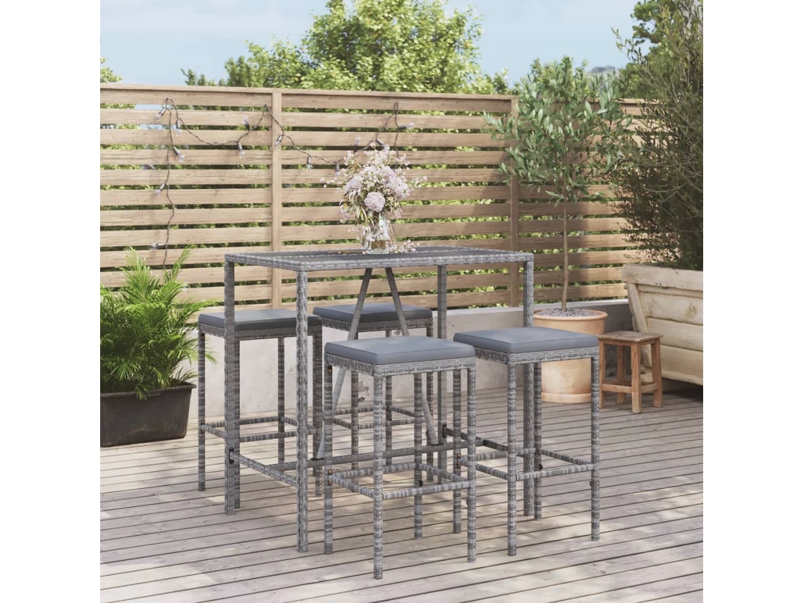 Vidaxl 5 Pcs Conjunto De Bar P/ Jardim C/ Almofadões Vime Pe Cinzento