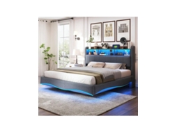 Cama Box Suspensa 160x200cm Em Tecido De Linho, Multifuncional Com Armazenamento, Luz Led E Portas Usb/type C Cinza Liptaptyn