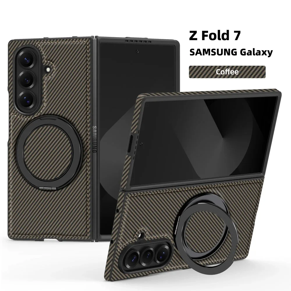 (cor Café, Galaxy Z Fold6) Capa Protetora Magnética Com Textura De Fibra De Carbono, Compatível Com Magsafe E Suporte Giratório De 360°