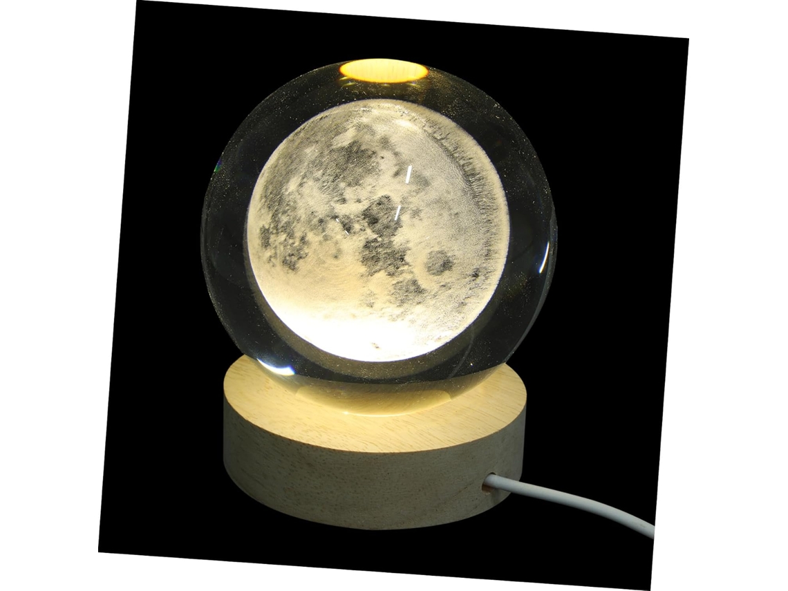 Luminária Noturna Lua De Cristal Gravada Com Base Madeira Alimentação